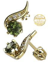 A-B A-B Zlaté náušnice zelený plameň s okrúhlym vltavínom a diamantmi SI1-G 0,0404 ct