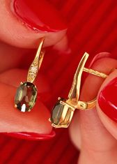 A-B A-B Zlaté náušnice Mandolina s pravými diamantmi 0,0366Ct a moldavitom oválneho tvaru jw-AUVD2123-1