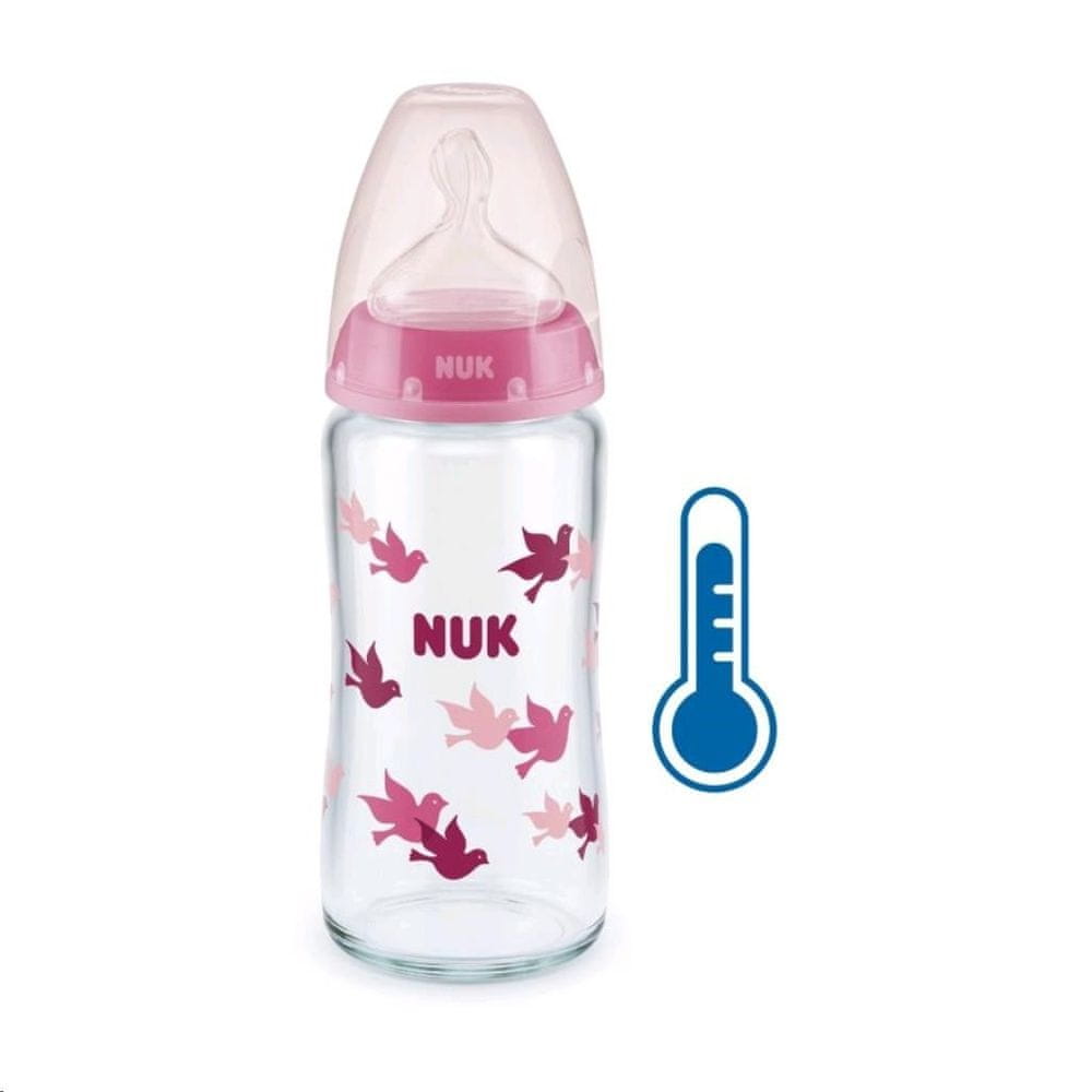 Nuk Sklenená dojčenská fľaša NUK First Choice s kontrolou teploty 240 ml ružová