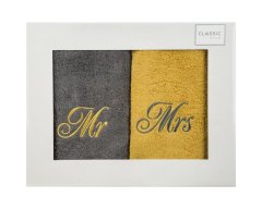 DESIGN 91 Darčekové balenie uterákov Mr & Mrs – šedá, žltá 50 x 90 cm