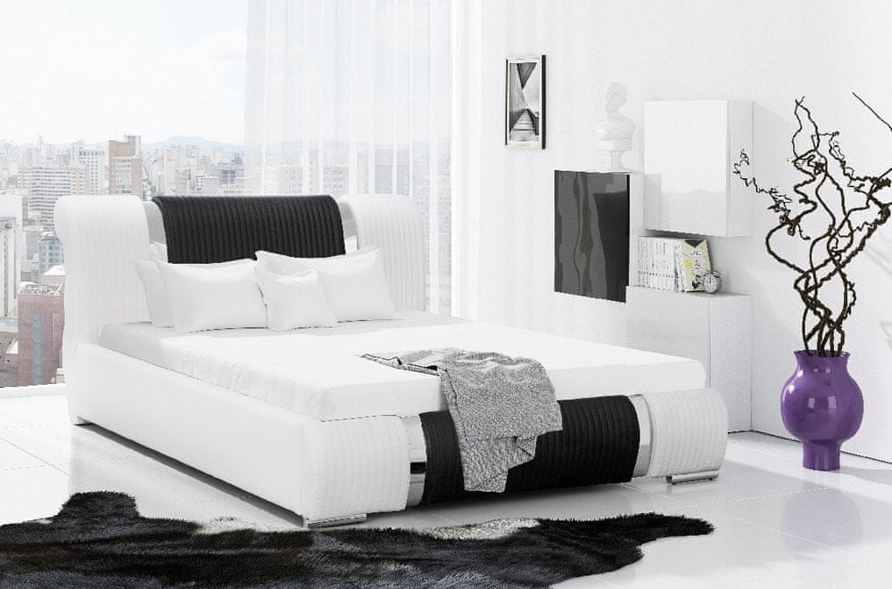 Veneti Luxusná posteľ Valentina s vysokým čelom a úložným priestorom biela eko koža 200 x 200