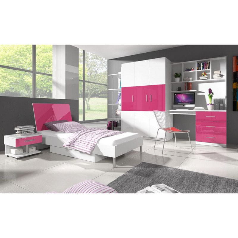 Veneti Nábytok do detskej izby s posteľou a s matracom 90x200 GORT 2 - biely / lesklý biely / lesklý ružový