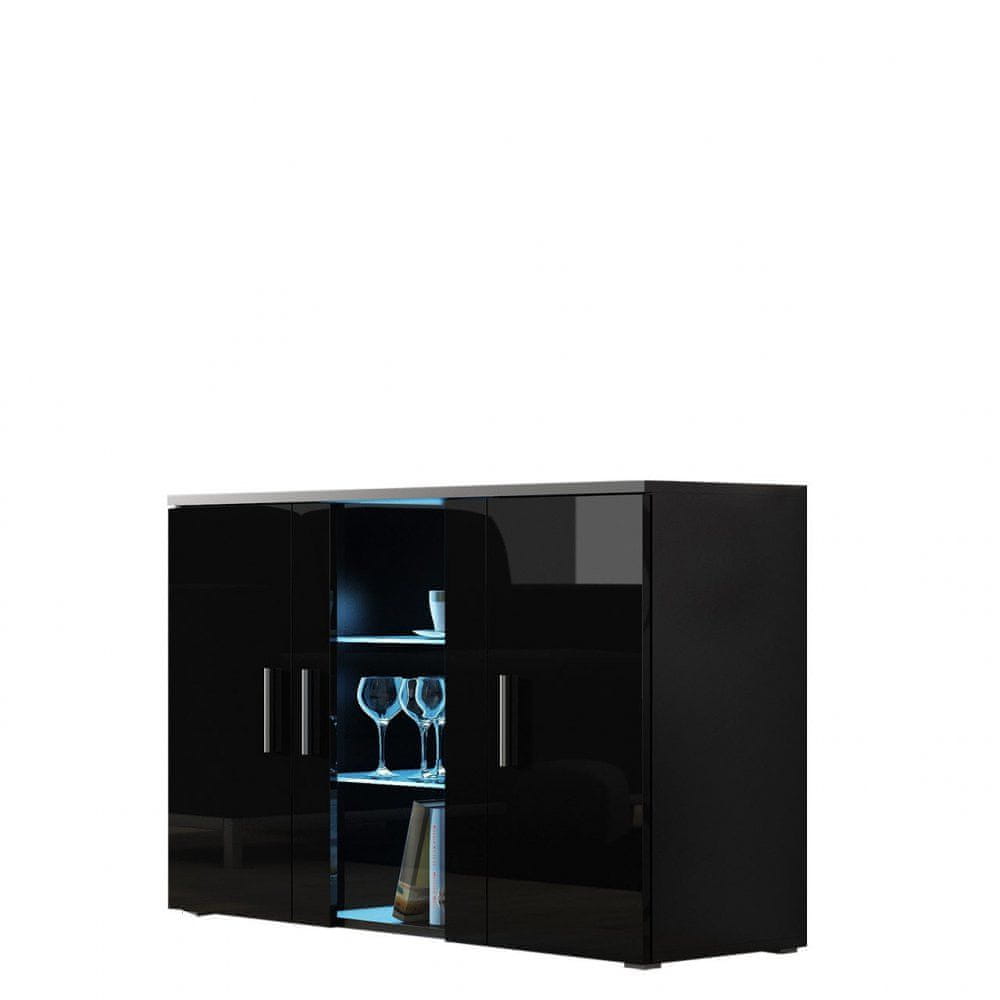 Veneti Presklená komoda s LED modrým osvetlením KARA - čierna / lesklá čierna