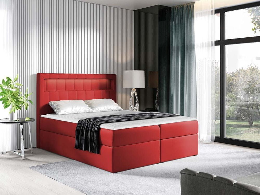 Veneti Americká dvojlôžková posteľ 180x200 RODRIGO - červená ekokoža + topper a LED osvetlenie ZDARMA