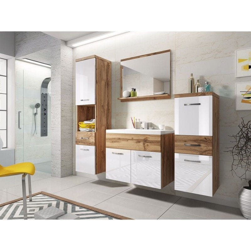 Veneti Kúpeľňová zostava s umývadlom WINNA - dub wotan / lesklá biela + sifón ZDARMA