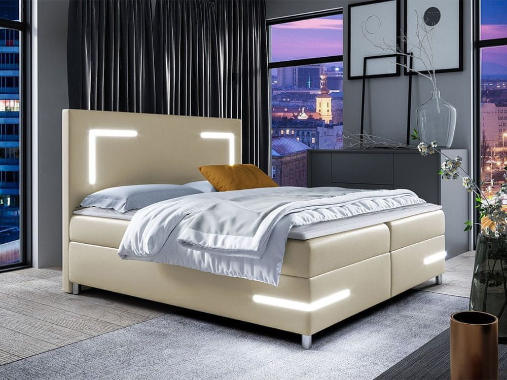 Veneti Boxspringová manželská posteľ 200x200 MADENA - béžová ekokoža + topper a LED osvetlenie ZDARMA