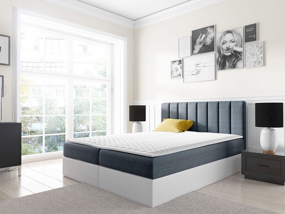 Veneti Kontinentálna jednolôžková posteľ 120x200 VICTORO - biela eko koža / modrá + topper ZDARMA