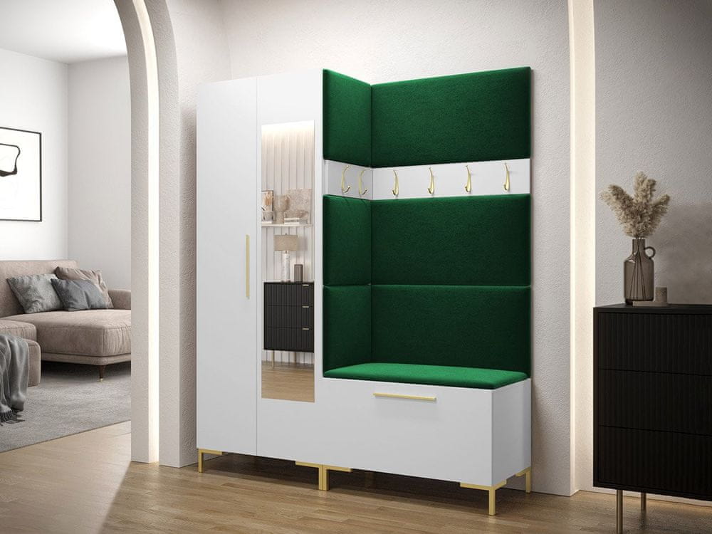 Veneti Predsieňová stena s botníkom a čalúnenými panelmi ANDORA 5 - biela / zelená