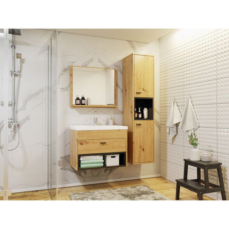 Veneti Kúpeľňová zostava s umývadlom BEND - čierna / dub artisan + sifón a batéria Economico ZDARMA