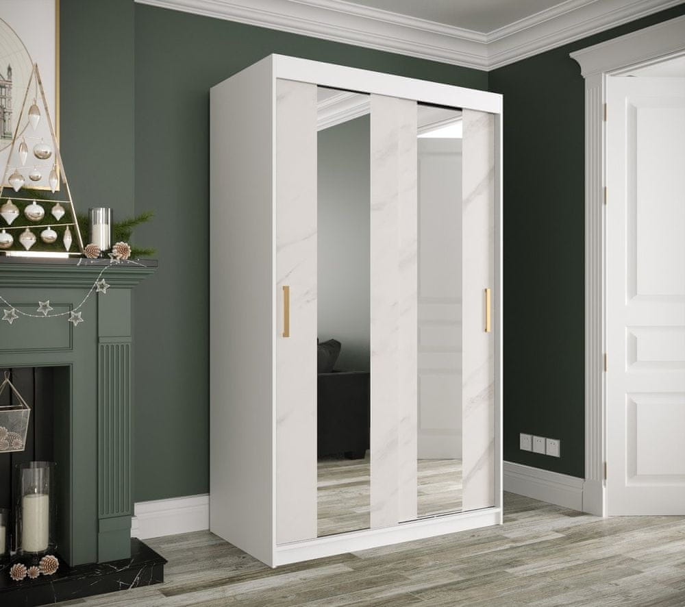 Veneti Šatníková skriňa s posuvnými dverami a zrkadlami MAREILLE 4 - šírka 120 cm, biela / biely mramor