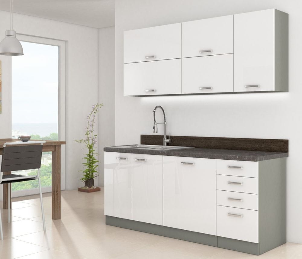 Veneti Paneláková kuchyňa 180/180 cm GENJI 3 - lesklá biela / šedá + LED, pracovná doska, drez a príborník ZDARMA