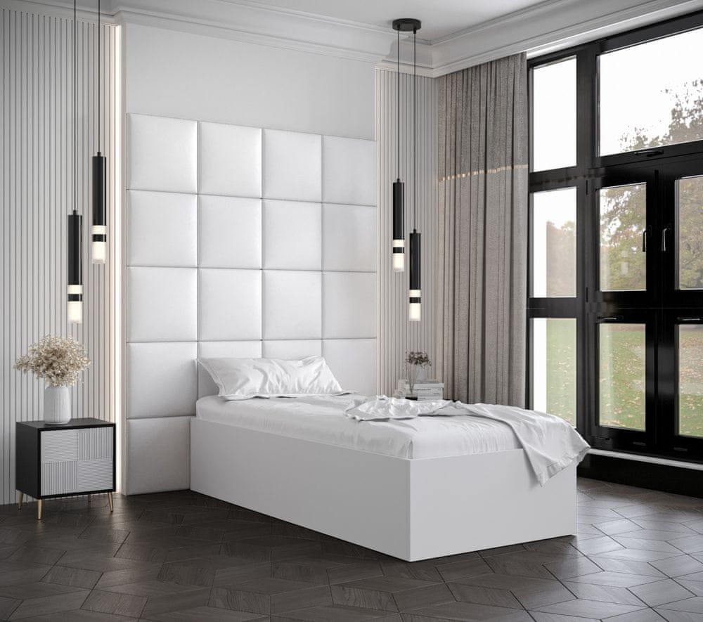 Veneti Jednolôžko s čalúnenými panelmi MIA 3 - 90x200, biele, biele panely z ekokože