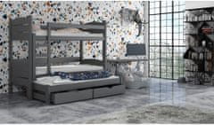 Veneti Poschodová posteľ so šuplíkmi a prístelkou CAILEAN - 90x190, grafit