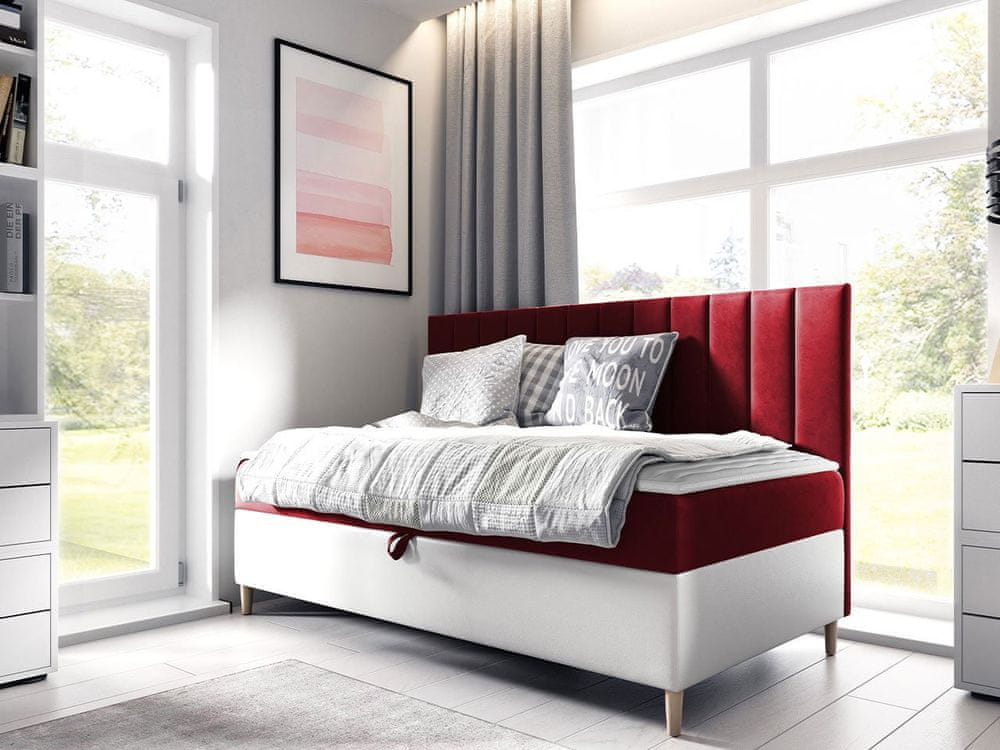 Veneti Kontinentálna jednolôžková posteľ 90x200 ROCIO 2 - biela ekokoža / červená + topper ZDARMA