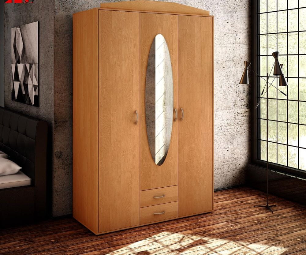Veneti Priestranná šatníková skriňa so zrkadlom MARIETTA - šírka 127 cm, jelša