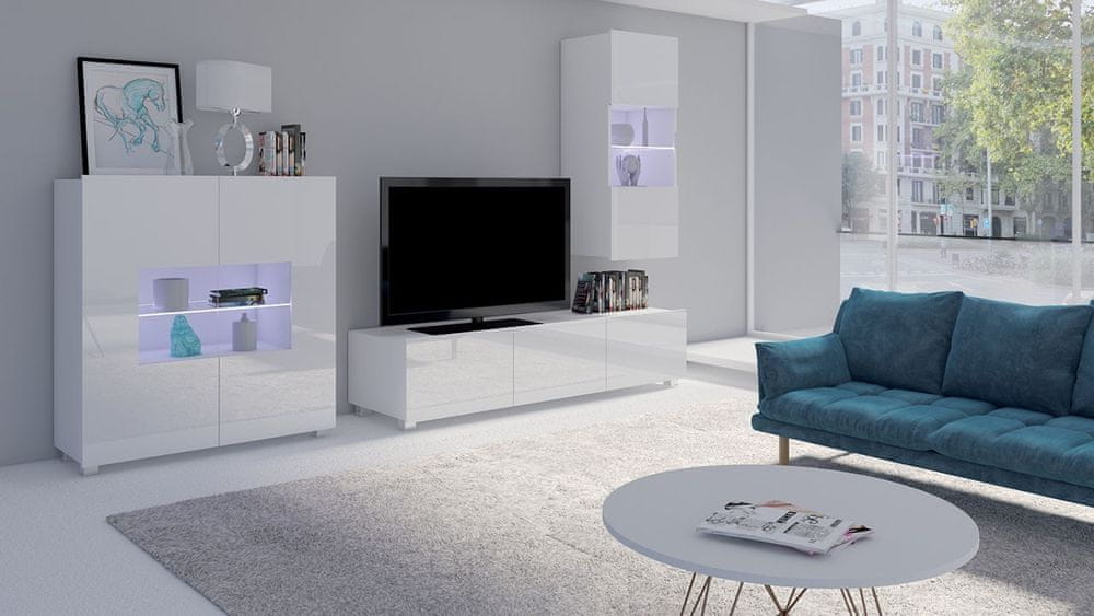 Veneti Zostava do obývacej izby s LED modrým osvetlením CHEMUNG 8 - biela / lesklá biela