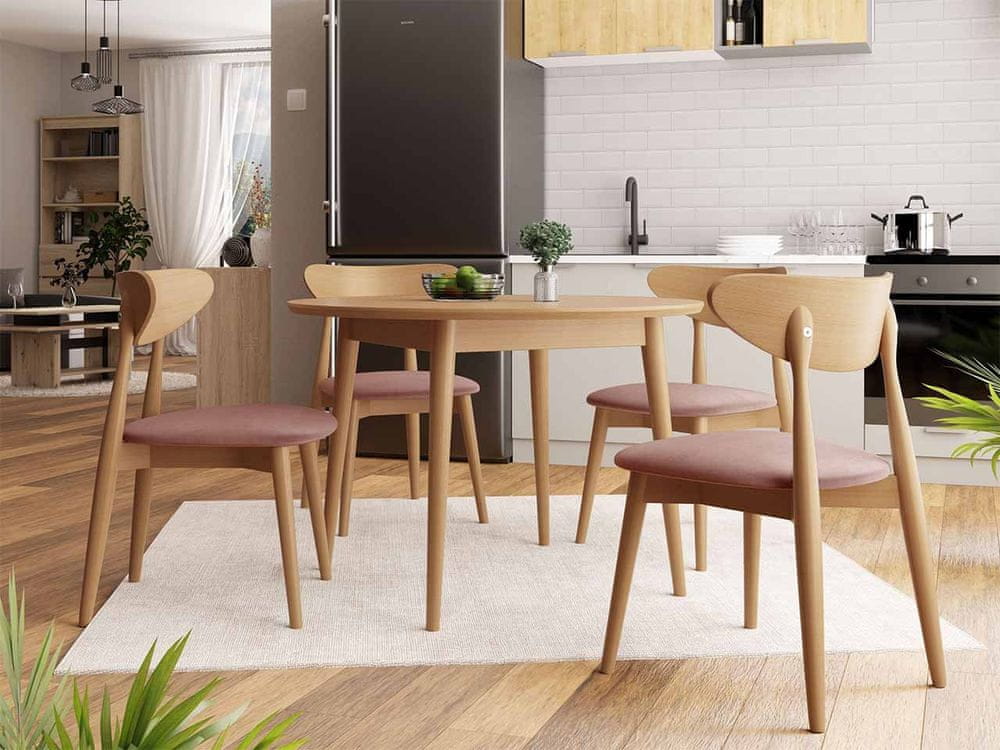 Veneti Okrúhly jedálenský stôl 100 cm so 4 stoličkami OLMIO 1 - prírodné drevo / ružový