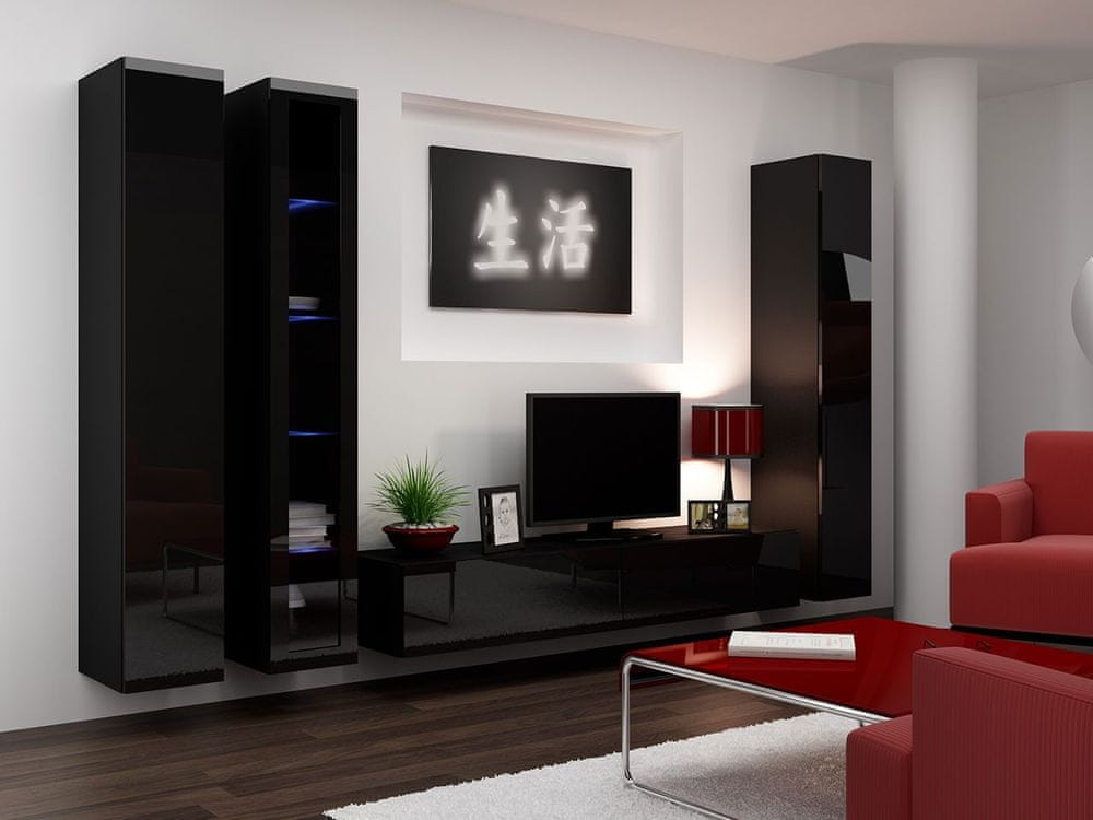 Veneti Obývacia stena s LED RGB osvetlením ASHTON 2 - čierna / lesklá čierna