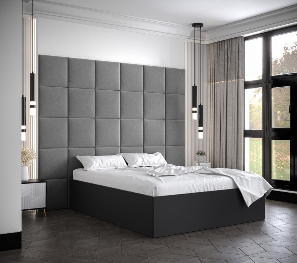 Veneti Manželská posteľ s čalúnenými panelmi MIA 3 - 140x200, čierna, šedé panely