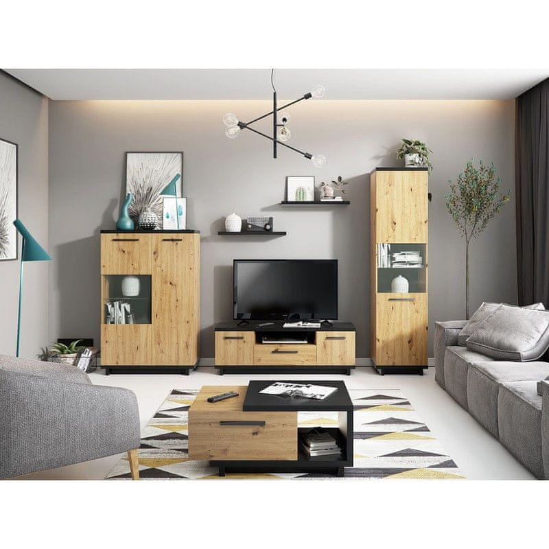 Veneti Nábytok do obývacej izby s LED osvetlením DELAWARE 1 - dub artisan / matná čierna