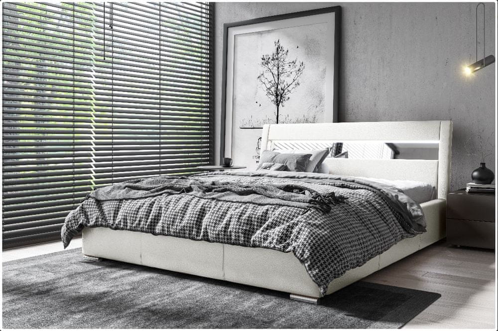 Veneti Čalúnená posteľ s úložným priestorom a osvetlením 140x200 LEXI - biela ekokoža