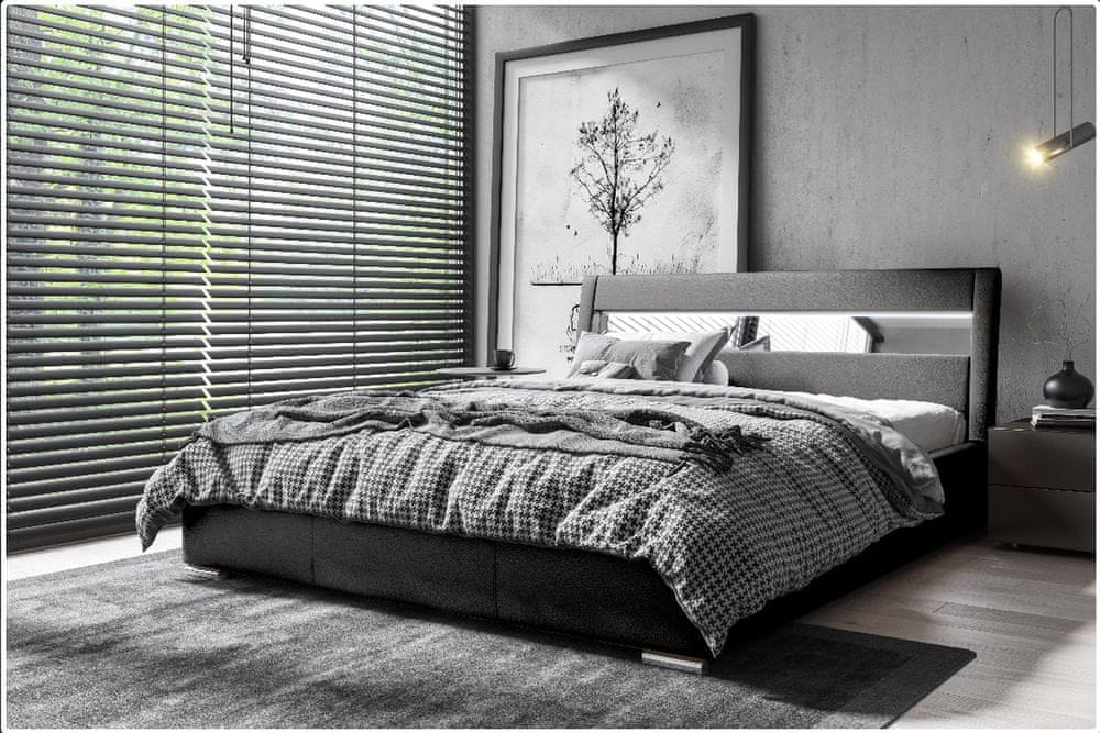 Veneti Čalúnená posteľ s úložným priestorom a osvetlením 180x200 LEXI - čierna ekokoža