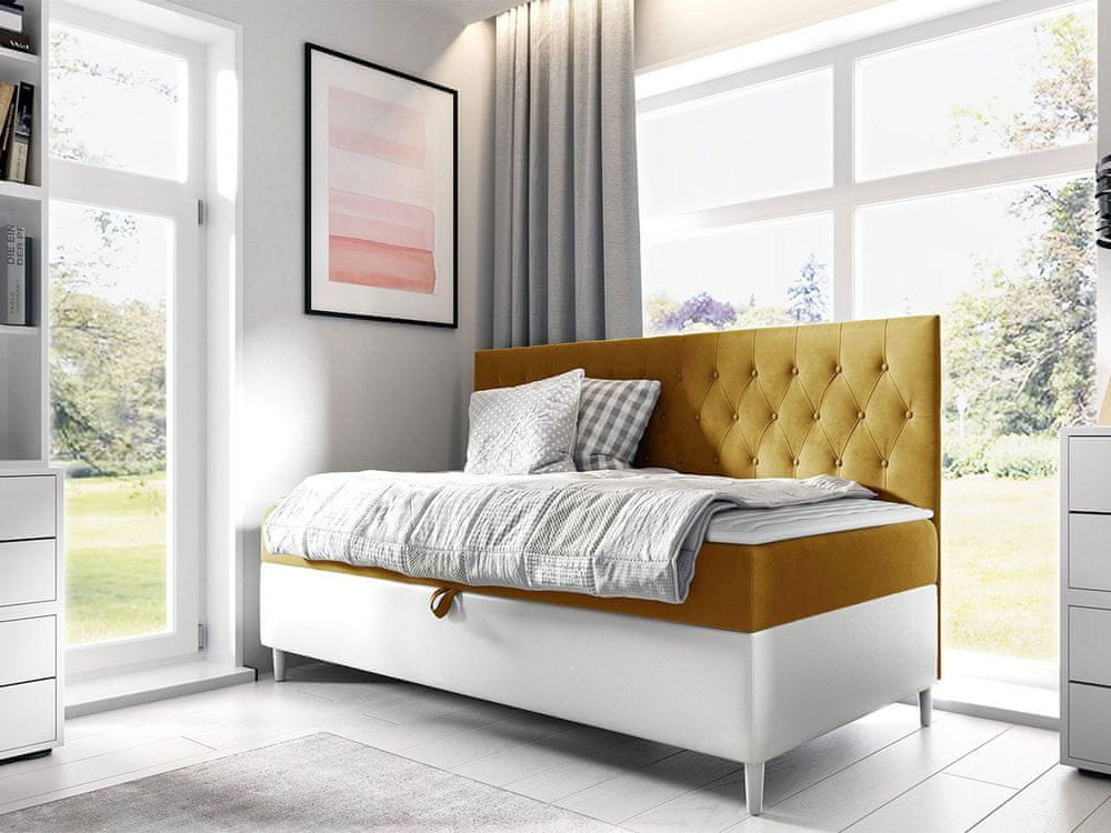 Veneti Boxspringová jednolôžková posteľ 90x200 PORFIRO 2 - biela ekokoža / žltá + topper ZDARMA