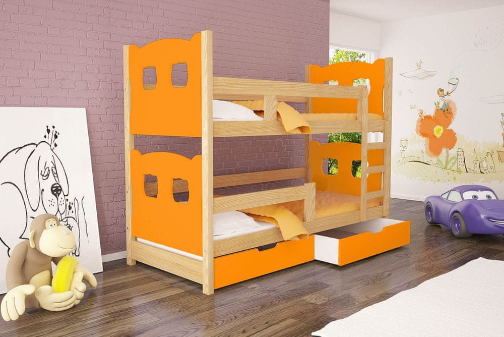 Veneti Poschodová posteľ s úložným priestorom KALA 1 - 75x180, borovica / oranžová