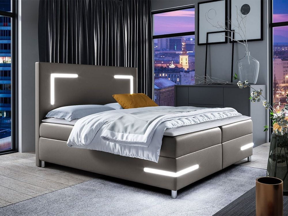 Veneti Boxspringová manželská posteľ 160x200 MADENA - šedá ekokoža + topper a LED osvetlenie ZDARMA