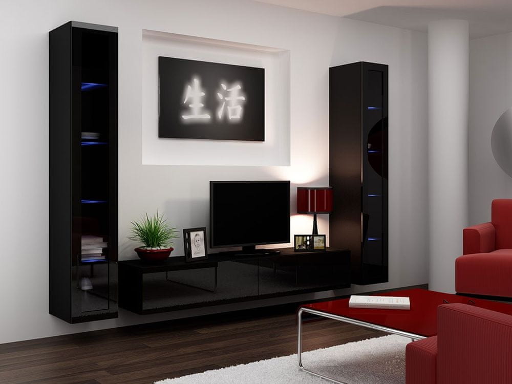 Veneti Obývacia stena s LED RGB osvetlením ASHTON 5 - čierna / lesklá čierna