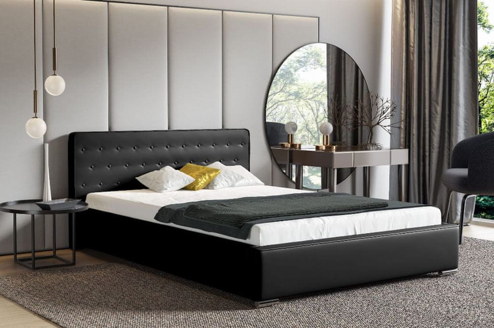 Veneti Moderná čalúnená posteľ s úložným priestorom 180x200 BERGEN - čierna ekokoža
