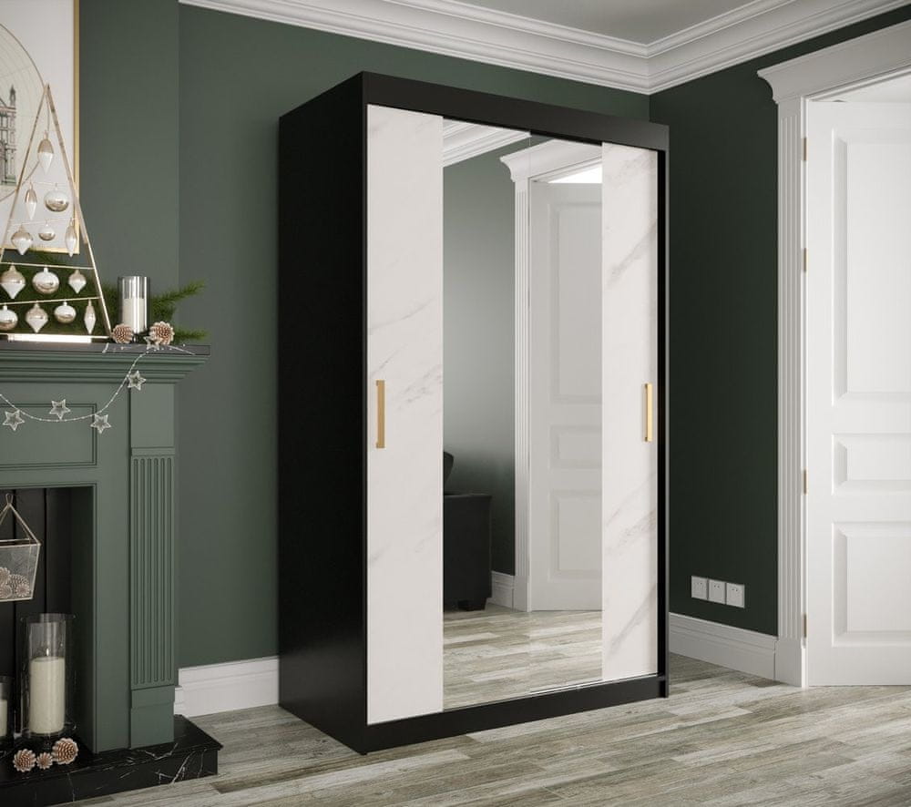 Veneti Zrkadlová skriňa s posuvnými dverami MAREILLE 2 - šírka 120 cm, čierna / biely mramor