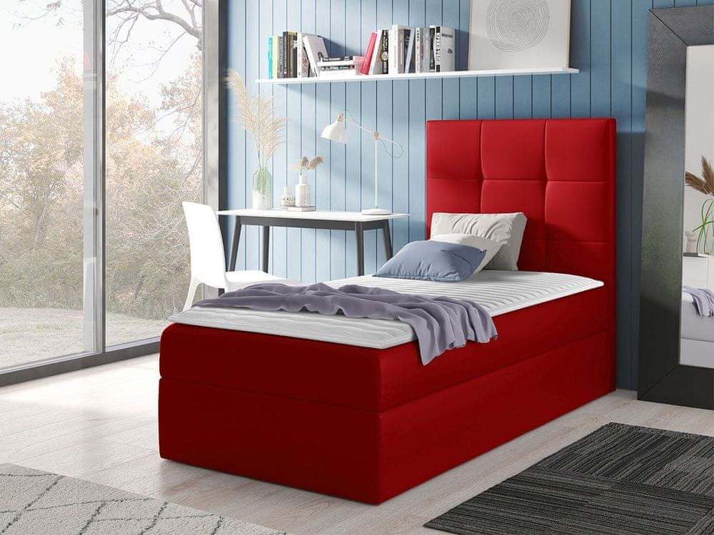 Veneti Hotelová jednolôžková posteľ 90x200 ROSALINDE - červená ekokoža, ľavé prevedenie + topper ZDARMA