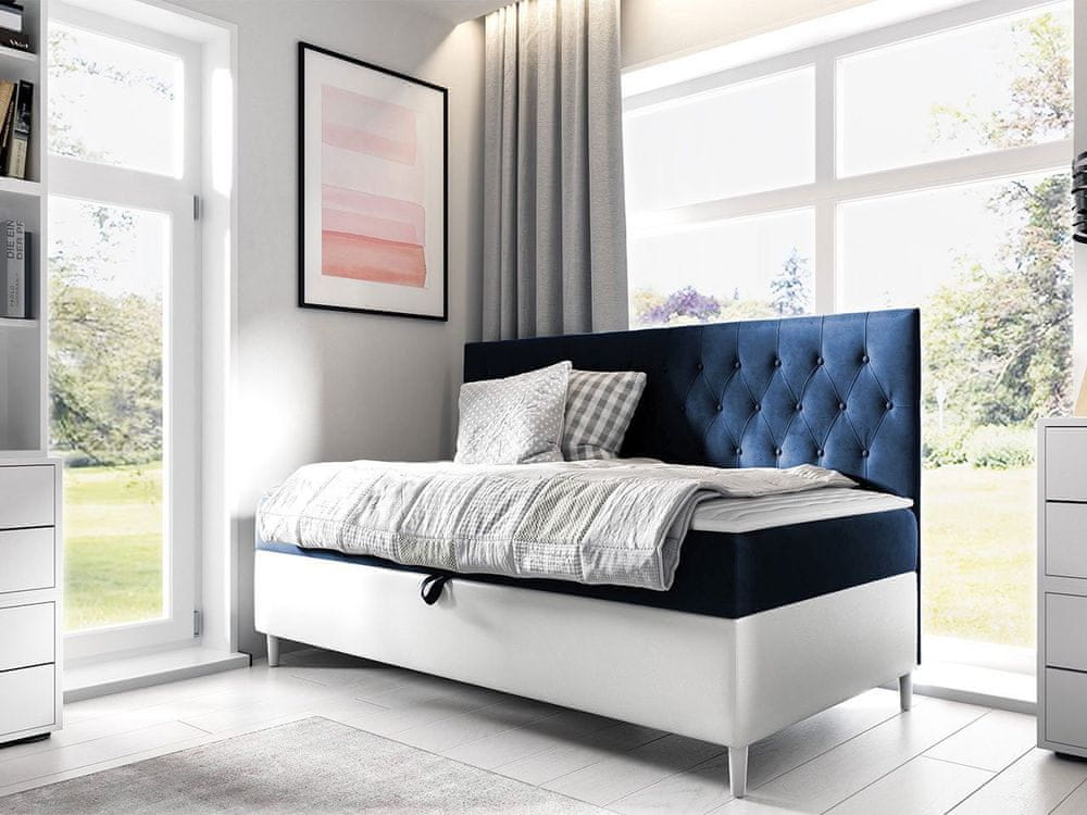 Veneti Boxspringová jednolôžková posteľ 90x200 PORFIRO 2 - biela ekokoža / modrá 1 + topper ZDARMA