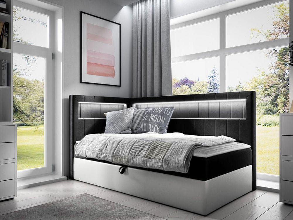 Veneti Kontinentálna jednolôžková posteľ 90x200 RAMIRA 3 - biela ekokoža / čierna, ľavé prevedenie + topper ZDARMA