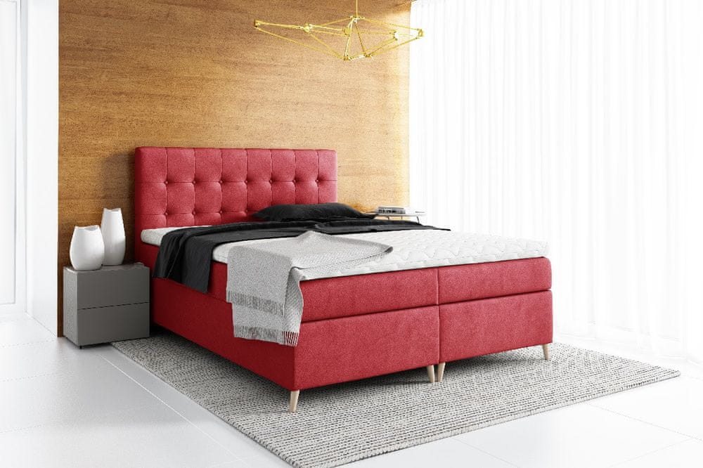 Veneti Elegantná čalúnená posteľ Komala s úložným priestorom červená 200 x 200 + topper zdarma