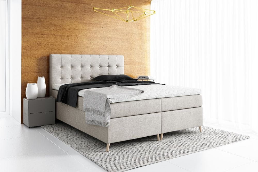 Veneti Elegantná čalúnená posteľ Komala s úložným priestorom svetlo béžová 160 x 200 + topper zdarma