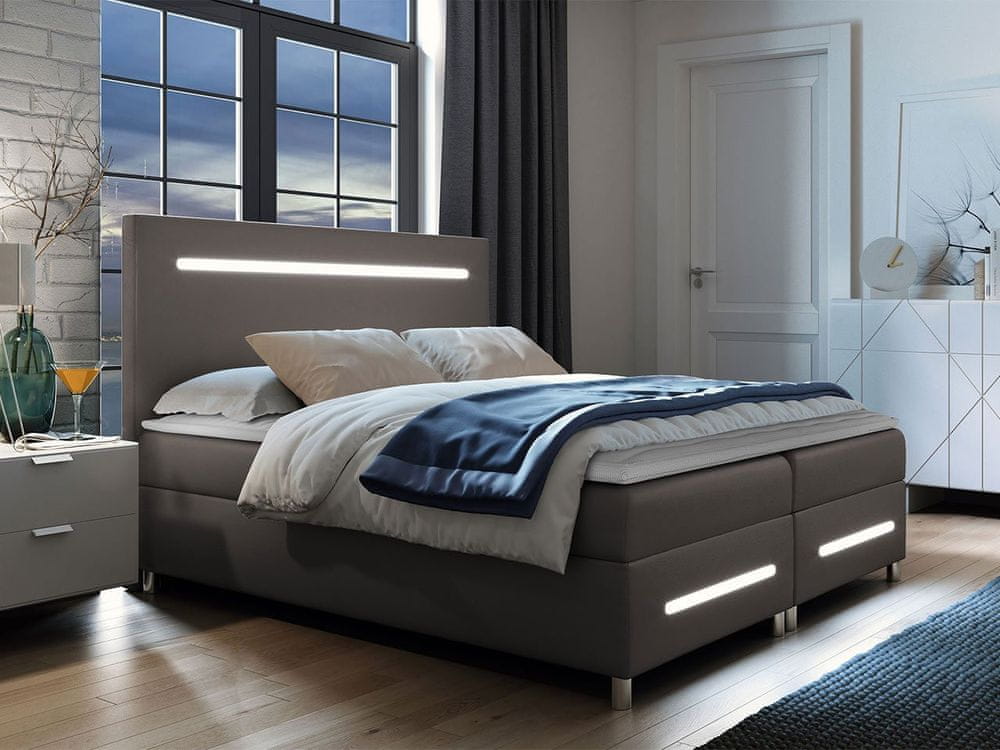 Veneti Boxspringová manželská posteľ 180x200 MARIELA - šedá ekokoža + topper a LED osvetlenie ZDARMA