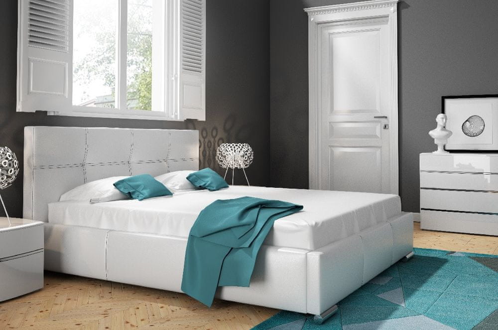 Veneti Štýlová posteľ Ada s vyšším čelom a úložným priestorom biela eko koža 200 x 200