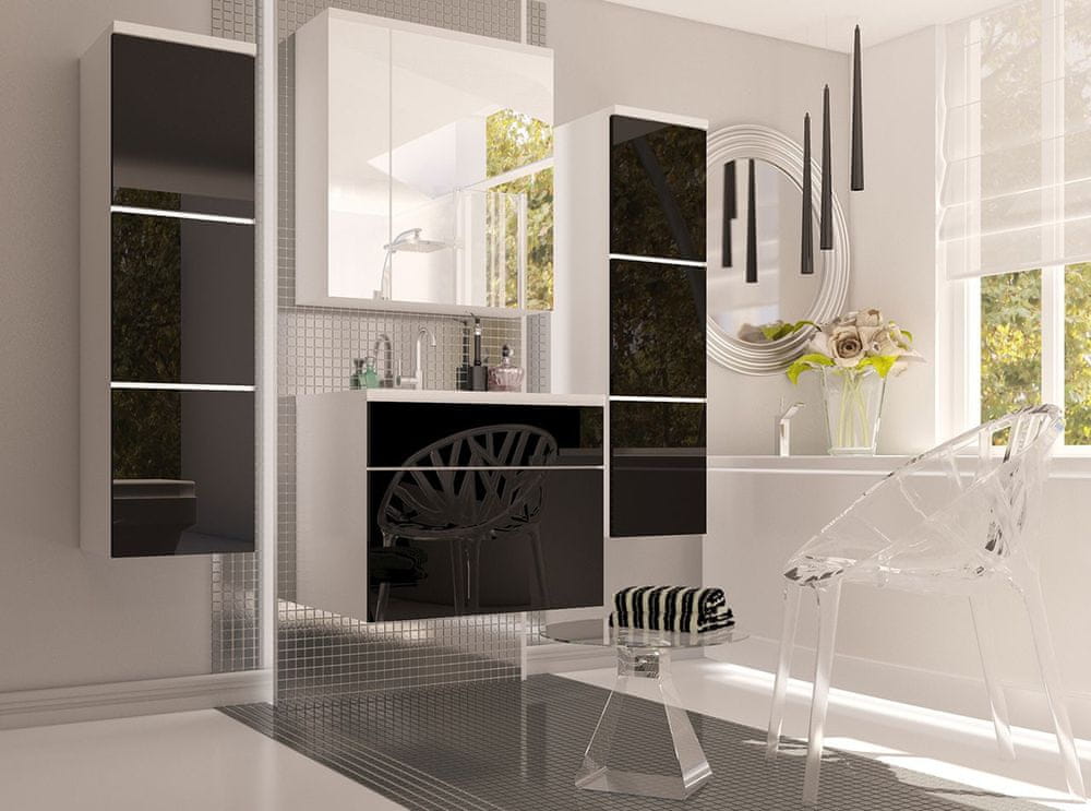 Veneti Nábytok do kúpeľne MERAF - biely / lesklý čierny + LED a umývadlo ZDARMA