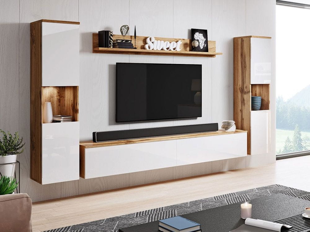 Veneti Moderná obývacia stena s LED osvetlením ROSALIO XL - dub wotan / lesklá biela