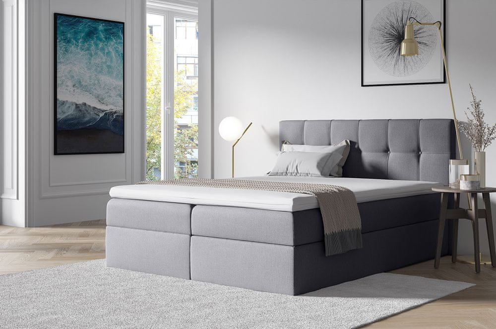 Veneti Čalúnená posteľ s úložným priestorom RECIVIO svetlo šedá 140 x 200 + TOPPER