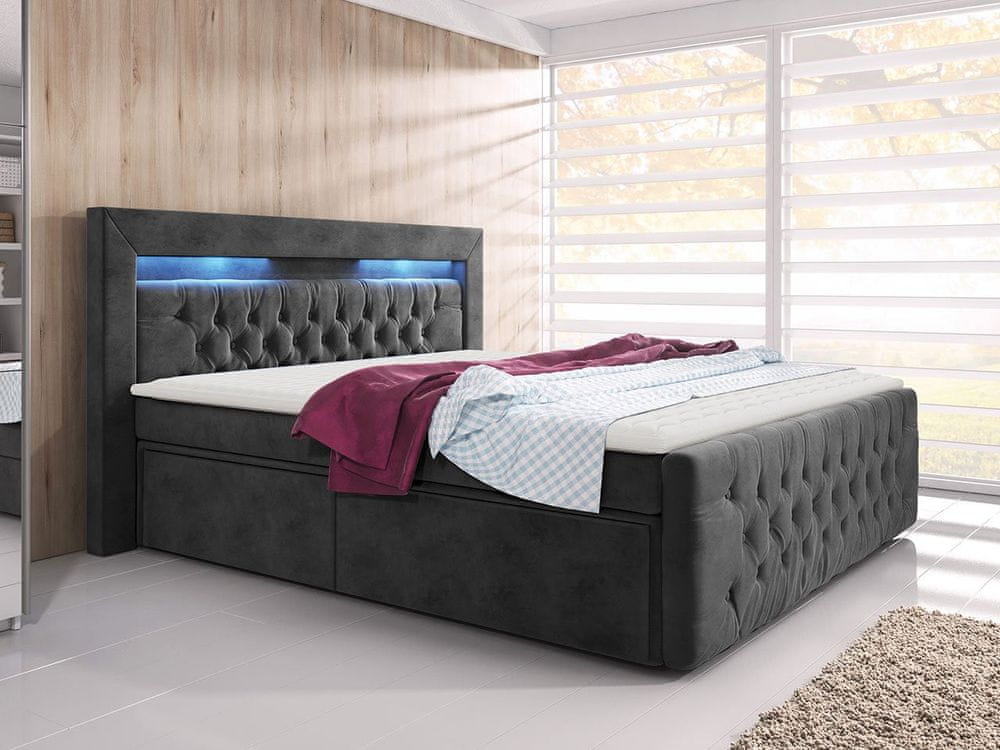 Veneti Boxspringová posteľ s LED osvetlením a štyrmi zásuvkami 140x200 DELBIN - šedá + topper ZDARMA