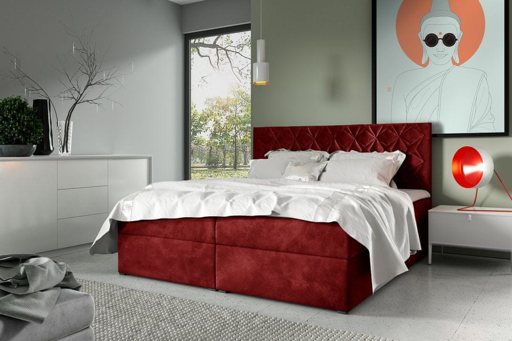 Veneti Boxspringová posteľ s prešívaným čelom EUGENA - 200x200, červená + topper ZDARMA