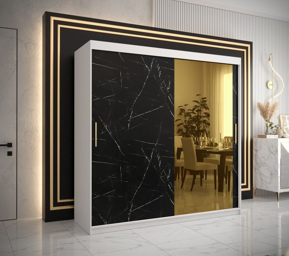 Veneti Dizajnová šatníková skriňa so zlatým zrkadlom MADLA 2 - šírka 200 cm, biela / čierna