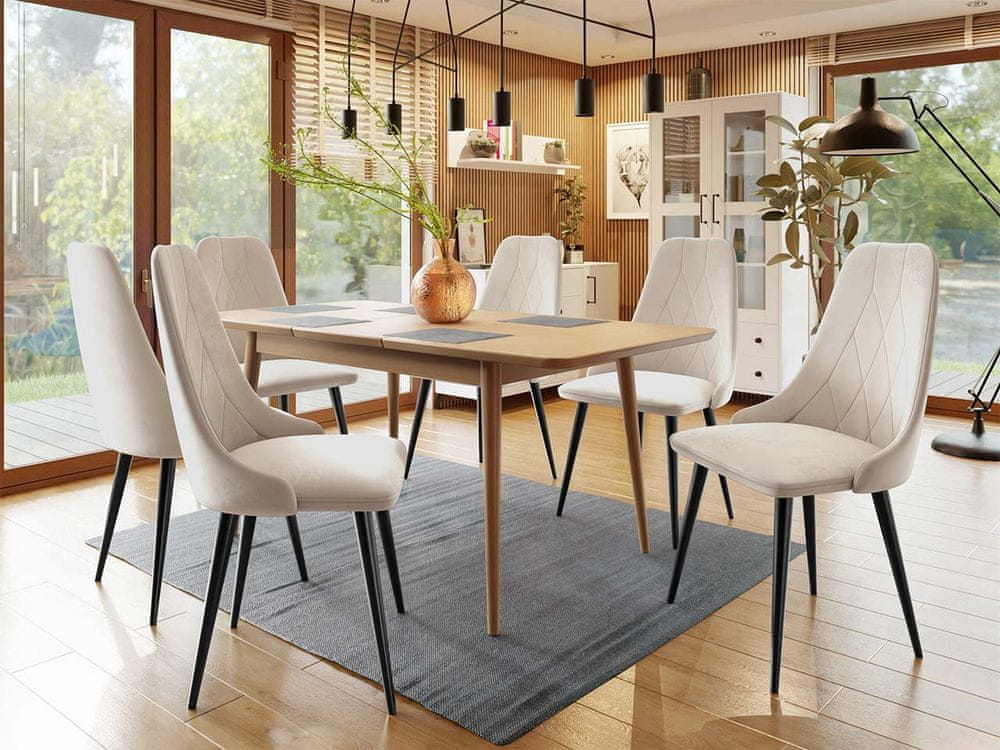 Veneti Rozkladací jedálenský stôl so stoličkami OLMIO 2 - prírodné drevo / čierny / béžový