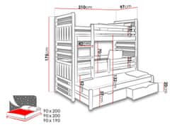 Veneti Detská poschodová posteľ s prístelkou 90x200 LOHRA - wenge / cappuccino, ľavé prevedenie