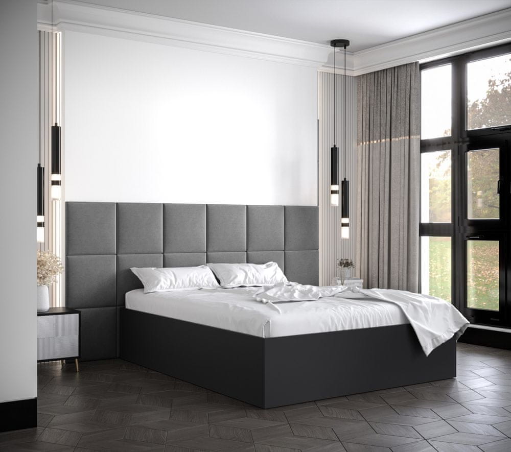 Veneti Manželská posteľ s čalúnenými panelmi MIA 4 - 160x200, čierna, šedé panely