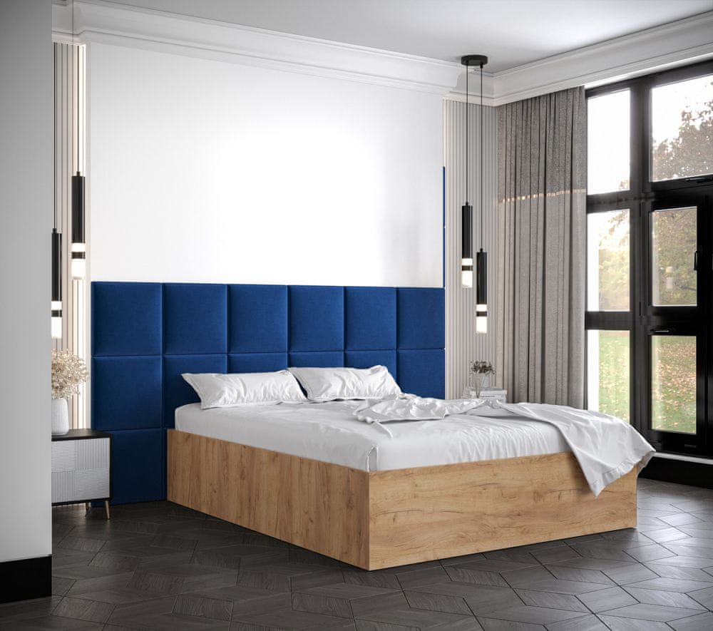 Veneti Manželská posteľ s čalúnenými panelmi MIA 4 - 160x200, dub zlatý, modré panely