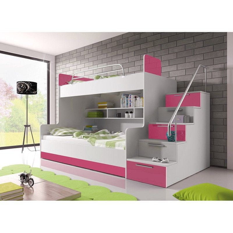 Veneti Detská poschodová posteľ s matracom a roštom 90x200 GORT - biela / lesklá biela / ružová, pravé prevedenie